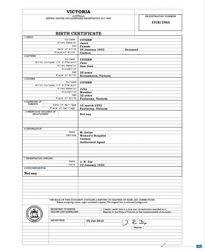 Download Australia Victoria birth certificate template in Word format, version 1 Photoshop template